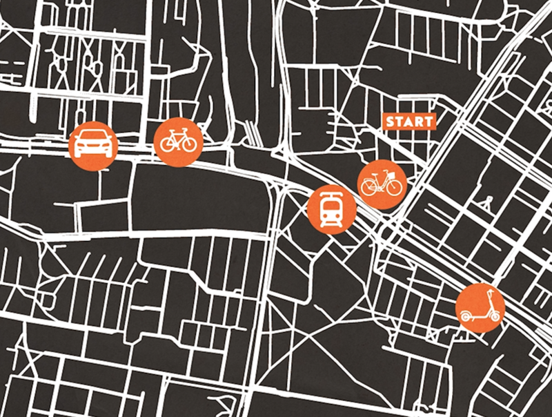 Mapa z piktogramami różnych środków transportu